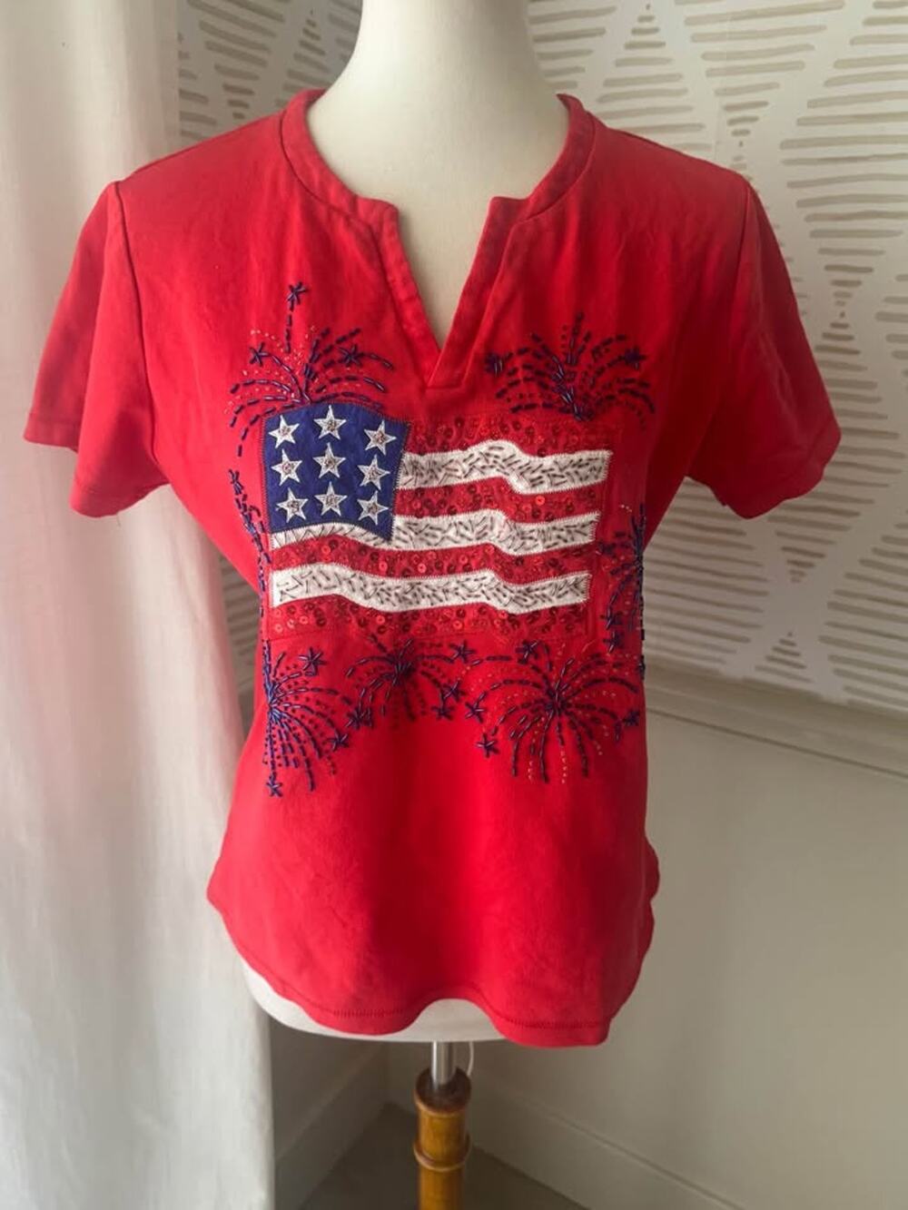 Berek Studio Large Vintage Patriotic American Fireworks Beaded Shirt Top Blouse